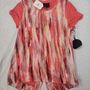 French Blue Women's Short Sleeve Shirt NEW Size SMALL Orange Combo Shiny Studs